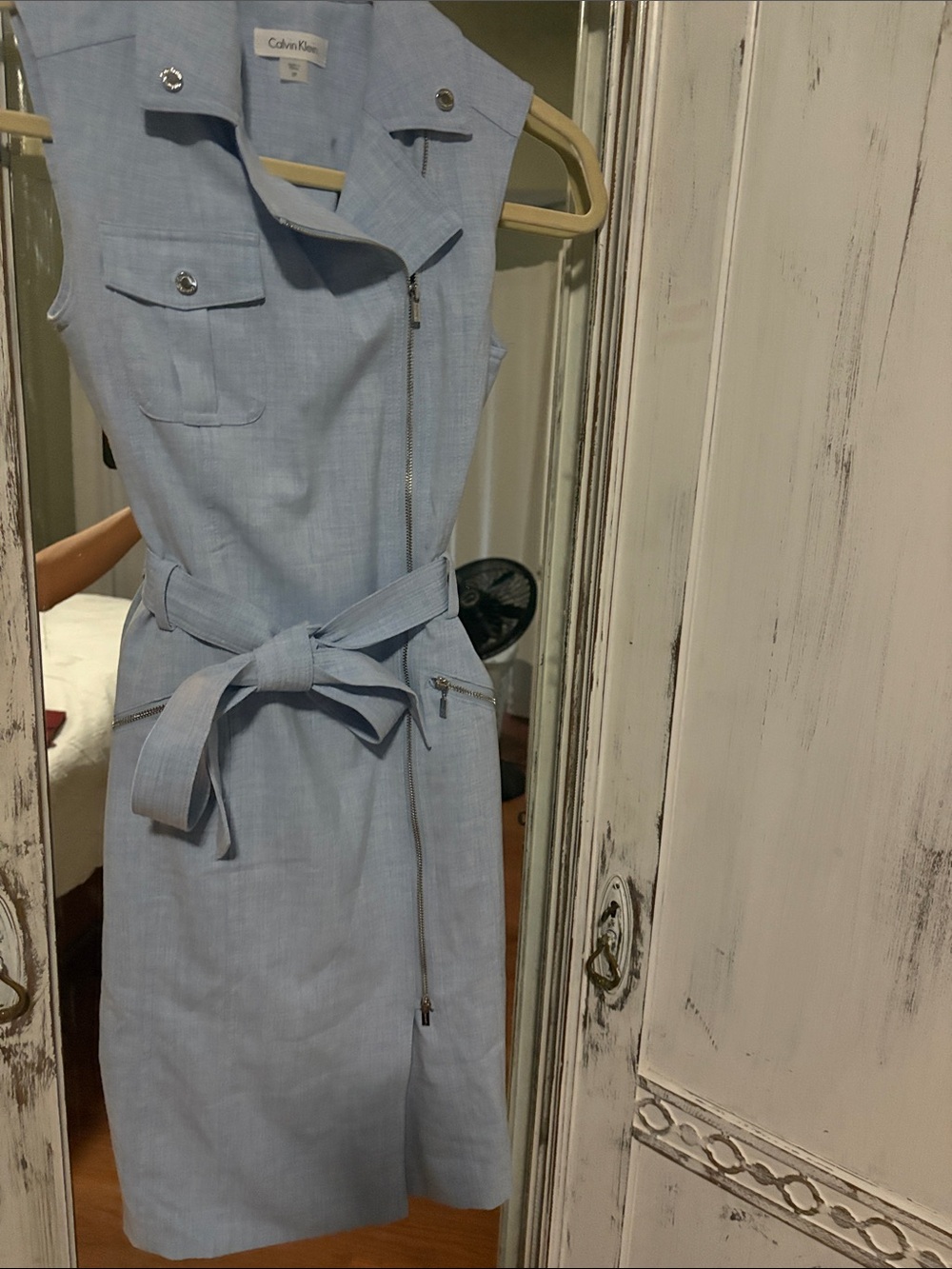 Calvin Klein Light Blue Sleeveless Midi Dress with Tie Belt